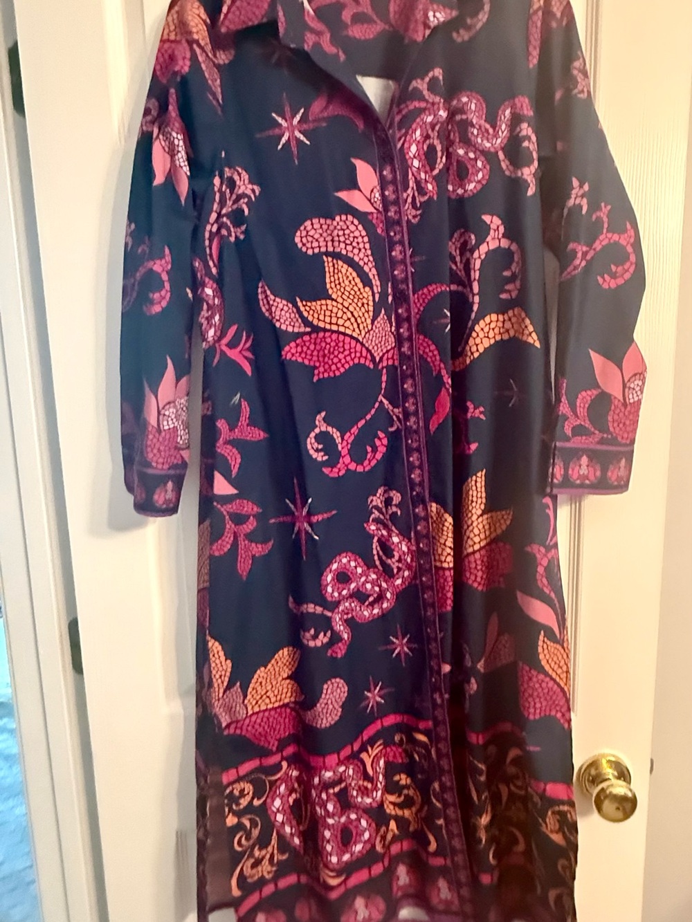 Black Floral-Print Midi Dress with Pink & Orange Accents